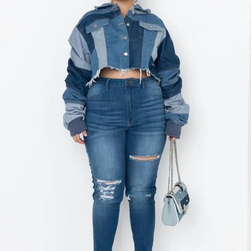NWT AZALEA WANG ALL PATCHED UP PATCHWORKED  CROP DENIM JACKET - Picture 5 of 14